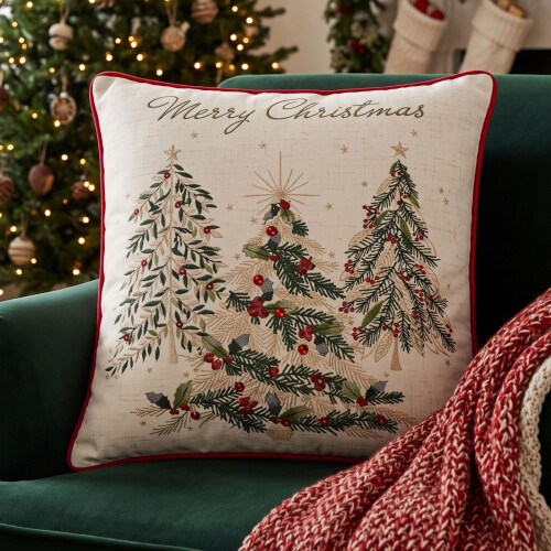 Homescapes Woven Christmas Trees Cushion with Cover, 45x45cm 1