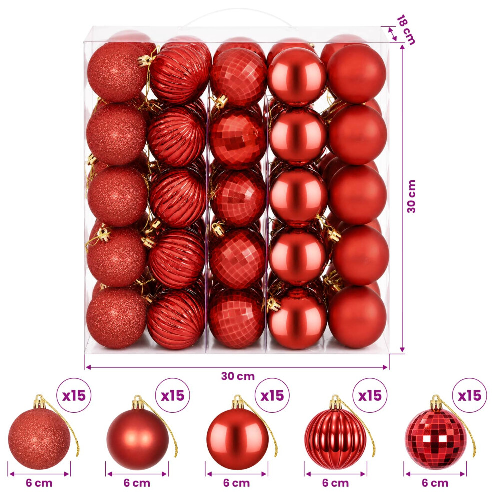 Vidaxl (Red) Christmas Ball Set 75 Pcs 6 Cm Polystyrene Christmas Tree Ornaments