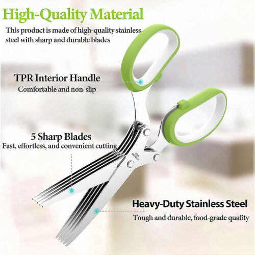 Herb Scissors, Kitchen Herb Scissors with 5 Blades and Cover, Sharp Dishwasher Safe Kitchen Gadget - Green 1