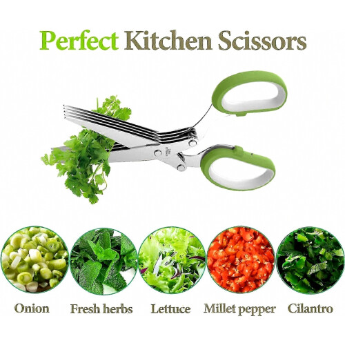 Herb Scissors, Kitchen Herb Scissors with 5 Blades and Cover, Sharp Dishwasher Safe Kitchen Gadget - Green 2