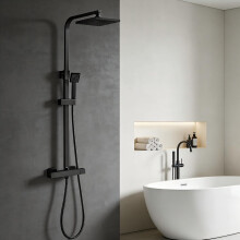Thermostatic Shower Column with 20 cm Square Shower Ceiling, Thermostatic Shower System 38 °C, Black Adjustable Shower Column Height Between