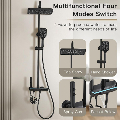 Titanium Black Shower Column with Square Head, 4 Jets Shower Column, LED Display, Hand Shower with 3 Modes, Adjustable Height 1