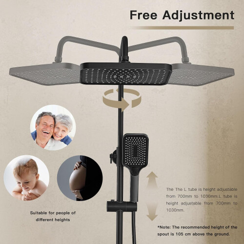 Titanium Black Shower Column with Square Head, 4 Jets Shower Column, LED Display, Hand Shower with 3 Modes, Adjustable Height 2