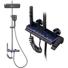 Titanium Black Shower Column with Square Head, 4 Jets Shower Column, LED Display, Hand Shower with 3 Modes, Adjustable Height