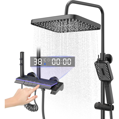 Titanium Black Shower Column with Square Head, 4 Jets Shower Column, LED Display, Hand Shower with 3 Modes, Adjustable Height 1