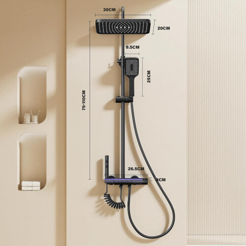 Titanium Black Shower Column with Square Head, 4 Jets Shower Column, LED Display, Hand Shower with 3 Modes, Adjustable Height 2