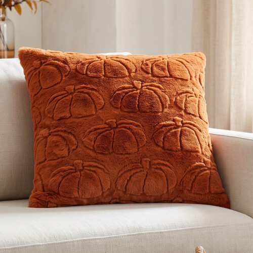Homescapes Faux Fur Textured Pumpkin Cushion with Cover 1