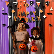 BRAVESHINE 2PCS Halloween Party Decorations Black Orange Purple Tinsel Curtains - 3.3 x 8.2 ft Foil Fringe Curtain Photo Booth Backdrop Streamers for
