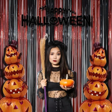 BRAVESHINE Halloween Decorations 2PCS Black Red Foil Curtain Party Decorations - 3.3x8.2ft Tinsel Curtains Photo Backdrops Wall Door Streamers for Sca