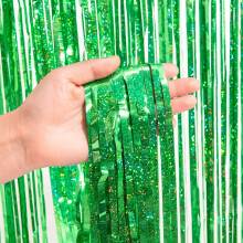 BRAVESHINE Green Tinsel Foil Fringe Curtain Party Backdrop - 2PCS 3.2x8.2ft Sparkle Tinsel Metallic Curtains for Birthday Dinosaur Hawaiian Jungle Wor