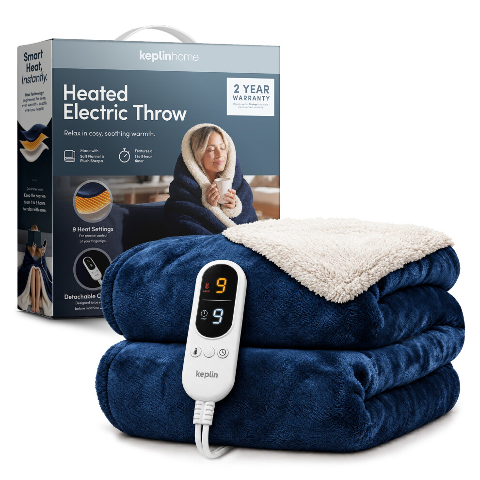 Keplin Large Electric Heated Throw Blanket Blanket, 1 Year Warranty, Navy/Cream Sherpa - Image 3