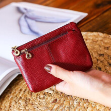 (Wine red) Premium Soft Leather Keychain Wallet for Women - Mini Zip Coin Purse, Card Holder & Small Short Wallet, High-End Texture
