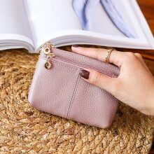 (Lotus root purple) Premium Soft Leather Keychain Wallet for Women - Mini Zip Coin Purse, Card Holder & Small Short Wallet, High-End Texture