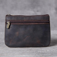 (Coffee) Mini Coin Purse Card Holder Crazy Horse Leather Handmade Vintage Ultra Thin Driver's License Key Pouch for Men Women