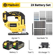 MELLWIN Akku-Stichsäge, 31 Sägeblätter, 3500 U/min, 3 Schwingpositionen, 2er-Batteriesatz