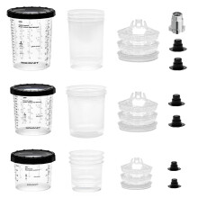 InoKraft Disposable Paint Spray Gun Cup, 3 Sizes of 6 oz, 22 oz, 28 oz, Assorted Pack Set, 3 Liners and Cap Filters of Each Size, 3 Hard Cups, System