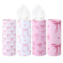 4 Pack Car Tissue Holder with Facial Tissue,Pink Bow Travel Tissue Tubes Box Car Tissue Box Round Container,Tissue Tubes for Cars Cup Holder (Pink)