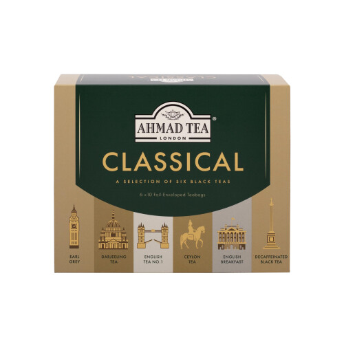 Ahmad Tea Gift Selection Pack | Classical Black Tea Selection | Black Tea & Decaf Tea | 60 Teabags | 6 Tea Blends | Tea Gift Set
