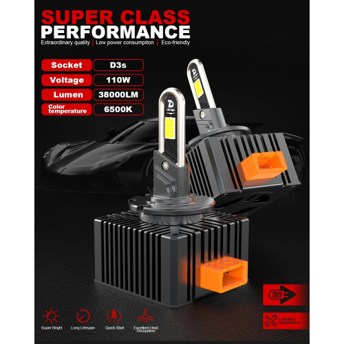 D3S LED Headlight Bulb, 110W 38000LM 6500K Extremely Bright White LED Bulbs 1