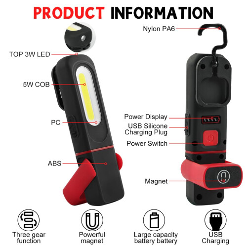 vsshe LED+COB Work Light, Inspection Light, Rechargeable Light, Hands-Free Garage Workshop Light, Type-C Charging, with Adjustable Bracket and Stand 2