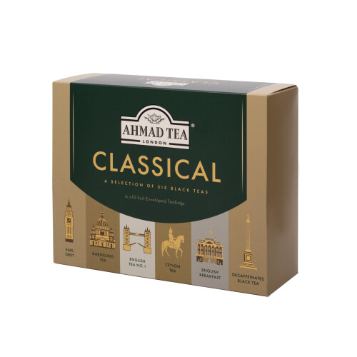 Ahmad Tea Gift Selection Pack | Classical Black Tea Selection | Black Tea & Decaf Tea | 60 Teabags | 6 Tea Blends | Tea Gift Set 1