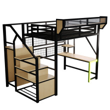 Hoogbed van metaal, 140x200 cm, zwart, met bureau, opbergnet en LED-verlichting