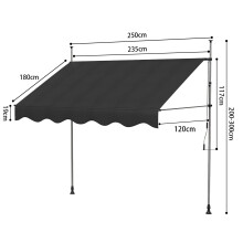 Handmatige luifel, 250 cm, zwart, verstelbare hoogte en kanteling, voor balkon en terras