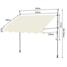 Handmatige luifel, 250 cm, Off White, verstelbare hoogte en kanteling, voor balkon en terras