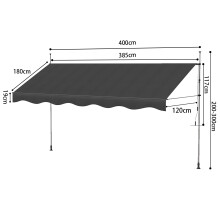 Handmatige luifel, 400 cm, zwart, verstelbare hoogte en kanteling, voor balkon en terras