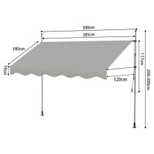 Handmatige luifel, 300cm, grijs, verstelbaar in hoogte en kanteling, zonder boren voor balkon en terras