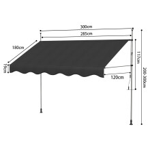 Handmatige luifel, 300 cm, zwart, verstelbare hoogte en kanteling, voor balkon en terras