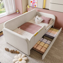 PINGGO kinder slaapbank, 90x200cm, wit, fluweel, metaal frame, 2 rollende laden en opbergzakken