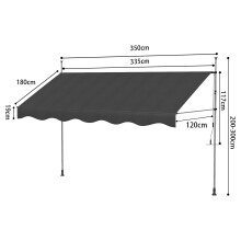 Handmatige luifel, 350cm, zwart, verstelbare hoogte en kanteling, voor balkon en terras