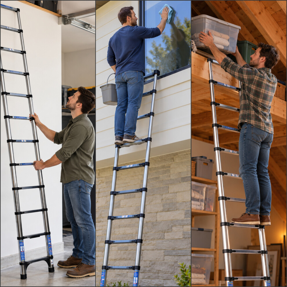 Stell Ladder (3.2m) Futura Telescopic Ladder 150kg Stainless Steel Extendable Loft ...