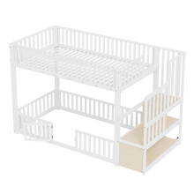 Stapelbed, 140x200 cm, wit, met opbergruimte, LED-verlichting en veiligheidstrap