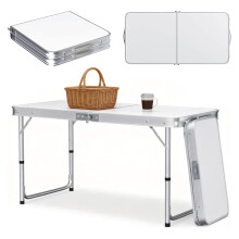 4FT opvouwbare campingtafel, 120x60x70 cm, wit, verstelbare hoogte, voor buiten en picknicken