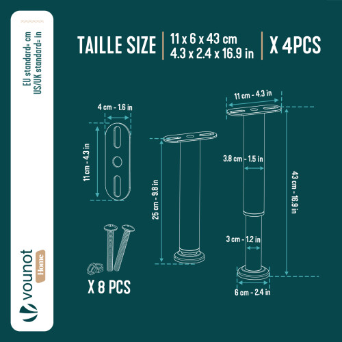 VOUNOT 4 Pack Adjustable Metal Bed Legs, 25-43 cm Height, Black 2