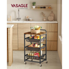 VASAGLE keukenchariot, 4 niveaus, 31,7x40x76 cm, met 3 uittrekbare manden en wielen, zwart
