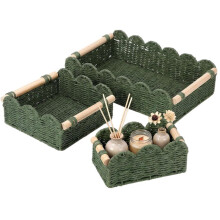 3Pcs Scalloped Woven Storage Baskets, Paper Rope Organizer Bins with Wooden Handles, Boho Decor Basket