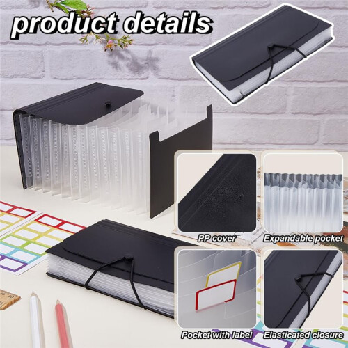 2 Sets A6 Organizer Kit with 12 Expandable Pockets and Rainbow Label Stickers Black 1
