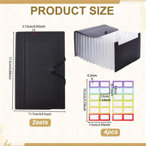 2 Sets A6 Organizer Kit with 12 Expandable Pockets and Rainbow Label Stickers Black 2