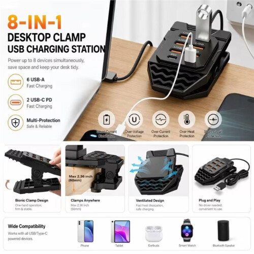8  USB Charging Station 6 USB-A + 2 PD Type-C Fast  Multi Adapter USB Hub Splitter for PC Laptop 2