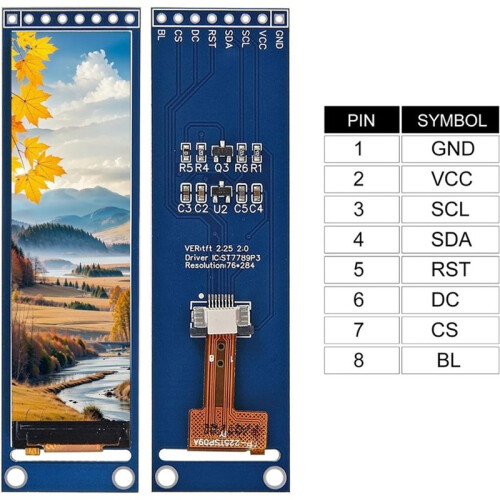 Tela LCD TFT ST7789 de 2,25 Polegadas, Pequena, 76 X 284 Pixels, Módulo LCD com Visão Completa e SPI, Colorida, para  e para Raspberry Pi 2