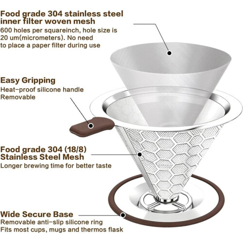 Pour over Coffee Maker Dripper 600 Mesh Reusable Coffee Filter Paperless and Reusable, Ultra Fine Micromesh Filter 2