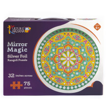 Kulture Khazana : Puzzle de sol 75 pièces, Rangoli en feuille d'argent, 32" rond, Art indien, Décorations Diwali-Holi
