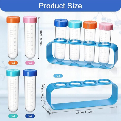 Test Tubes with Stand Science Kit with 16 Reusable Plastic Lab Tubes, with 4 Rack Holder, for Science Experiments 2