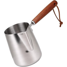 Milk Frothing Pitcher Stainless Steel Milk Frother Cup with Wood Handle for Coffee Heating Butter Chocolate 600ML