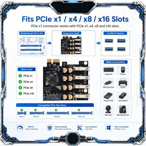 4  PCIe X1 USB 3.0 Expansion Card USB-A 5Gbps Adapter Card for Desktop PC,  Power 1