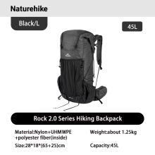 Naturehike Mochila de Senderismo Rock 2.0, 45L, Negro, con funda impermeable para trekking y camping