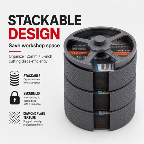 125mm Cutting Disc Storage Box 5 Inch Stackable Angle Grinder Disc Holder with Screw Locking Lid Black 2
